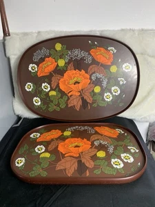 Vintage 70s St.Michael Retro Orange Brown Poppy Floral Melamine Trays - X2 - Picture 1 of 8