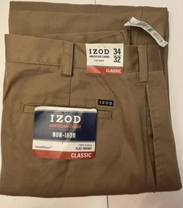 IZOD American Chino klassische Hose 34/32 braun flach vorne bügelfrei gerades Bein neu mit Etikett - Bild 1 von 9