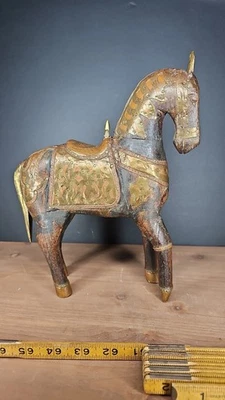Indian Wooden Horse with Brass  Copper Inlay cracked leg, still in good shape!!! - Image 1 of 4