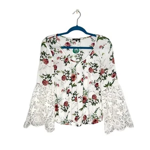 NWT RolyPoly Floral Lace Bell Sleeve Crinkle Rayon Blend Blouse Small Boutique - Picture 1 of 11