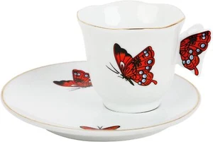 Cup and Saucer Set - Mini Coffee Mug with Plate Tea Set Ceramic Butterfly Design - Picture 1 of 5