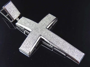 10K White Gold Genuine Diamond Micro Pave Cross Icy Pendant Charm  (2.15Ct) 3.0" - Picture 1 of 8