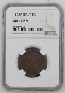 ITALY 5 CENTESEMI 1895 R - NGC MS 62 BN - Picture 1 of 2
