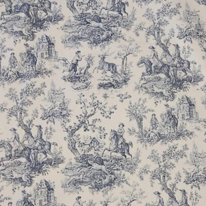 French Hunting Toile Double Width Fabric Blue | 100% Cotton | Curtain Upholstery - Picture 1 of 7