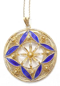 Scandinavian Art Nouveau Filigree Gold Plated Enamel Silver 835 Pendant Necklace - Picture 1 of 6