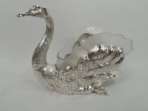 Traditional Swan Bird w/ Glass Liner Large Centerpiece German Sterling Silver Cover
