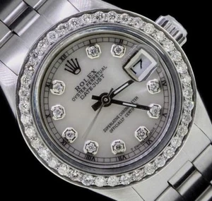 Rolex Ladies Date Oyster Stainless Steel Diamond Dial Bezel Watch White Pearl - Picture 1 of 12