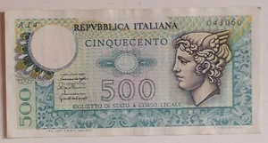 BANCONOTA 500 LIRE TESTA DI MERCURIO 20/12/1976 SERIE A - - Picture 1 of 2