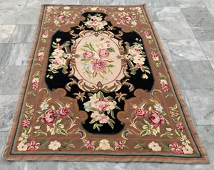 Vintage French Style Aubusson Rug Needlepoint Chain stitch Rug 4x6 ft Free Ship - Picture 1 of 10