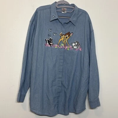 迪士尼商店小鹿斑比 Thumper Flower 复古 90 年代 Y2K 刺绣牛仔衬衫 XXL — 第 1/4 张图片