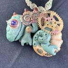 Steampunk Chameleon Lizard Pendant Polymer Clay Handmade Gears Macrame Necklace