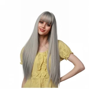 Long Straight Wig Women's Gray Gradient Wig with Bangs High Temperature Fiber... - Picture 1 of 6