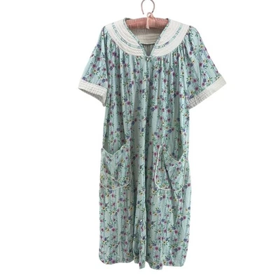 De Colección Estampado Floral Bata de Abuela Perla Bolsillos Frontales A Presión Azul Verde Casa Chaqueta Foto 1 de 4
