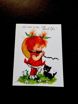 1 VTG Crestwick Charlot Byj Thank U Greeting Card Redhead Girl Tying Hat W/ Cat - Image 1 of 3