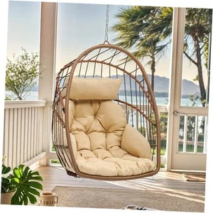 Hanging Egg Chair, Patio Wicker Hammock Egg Chair Basket Chair Swing with - Picture 1 of 7