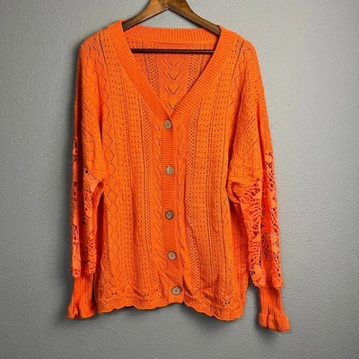Academia Orange Open Knit Cardigan 2XL Button Front Floral Lace Sleeves Sweater - Image 1 of 4