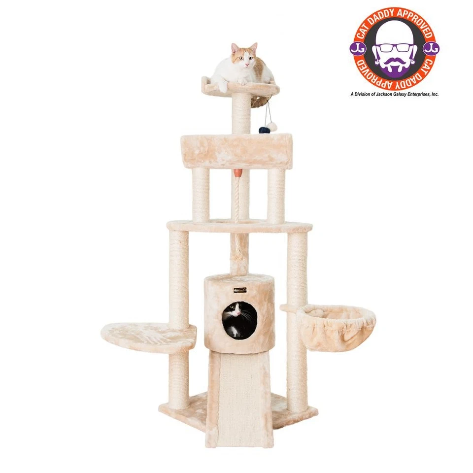 Spacious Thick Fur Real Wood Cat Tower With Basket Lounge, Ramp, Beige - Image 1 of 4