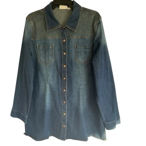 Chico’s Donna Denim Jeans Shacket Taglia 3 Rame Impreziosito Giacca Camicia Spolverino - Foto 1 di 12