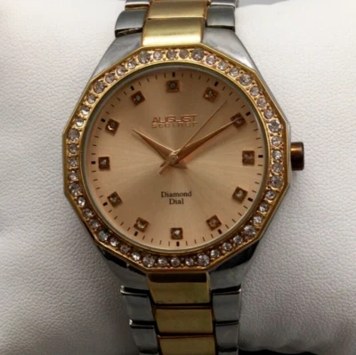 August Steiner Diamond Dial Watch Women 36mm Silver Gold Tone New Battery 7.75" - Image 1 of 4