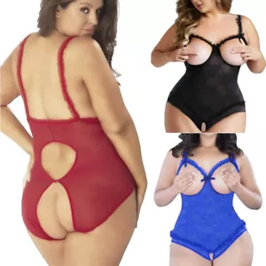 US Women Open Cup Crotchless Lace One-piece Babydoll Lingerie Nightie Plus Size - Picture 1 of 31