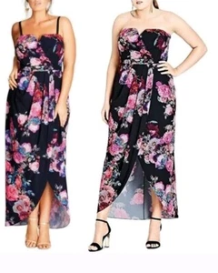 City Chic Romantic Rose Floral Strapless Faux Wrap Hi Low Maxi Dress 22 XL NEW - Picture 1 of 14