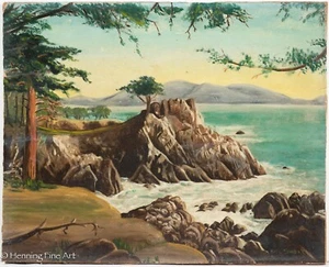 Beautiful Antique Oil Painting Del Monte California Lone Cypress Coastal Scene - Picture 1 of 10