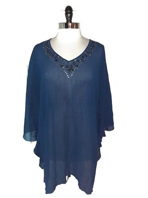 MAGGIE BARNES Plus Sz 3X 26W 28W Blouse Shirt Top Blue Beads Sequins Semi-Sheer - Image 1 of 4