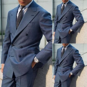 Grey Men's Suits Double Breasted Peak Lapel Business Tuxedos Wedding Prom Blazer - Picture 1 of 14