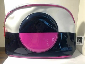 Estee Lauder Lisa Perry Cosmetic Bag LARGE Travel White Blue Pink Dot Vinyl - Picture 1 of 4