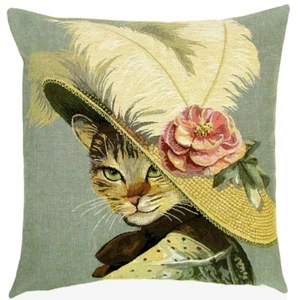 ANTHROPOMORPHIC BELLE EPOQUE CAT 18" BELGIAN TAPESTRY CUSHION COVER, 2147B - Picture 1 of 6