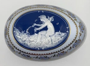 Large Egg Shaped BARBOTINE LIMOGES France Raised Pate Sur Pate Cherub Box SIGNED - Picture 1 of 18