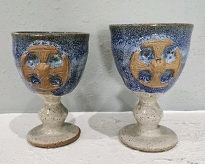 Chalice Set of 2 Cobalt Blue Canterbury Cross Pottery Glazed Handmade In Kent - Picture 1 of 7