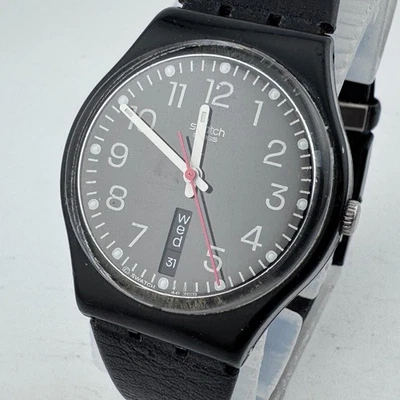 VTG Swatch Red Sunday Swiss Quartz Watch GB750 Men Black Day Date New Battery - Image 1 of 4