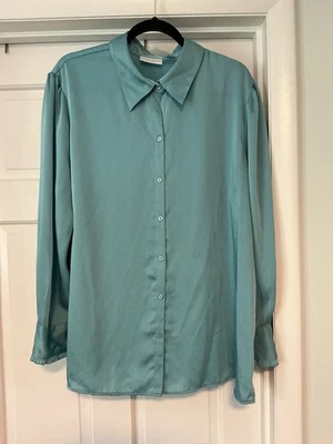 JACLYN SMITH Womens 20W Vintage NWT Blouse Ruffle Cuff Old Money Seafoam Satin - Image 1 of 4