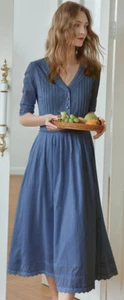Neu mit Etikett schlichtes Retro Fiona 100 % Baumwolle Bauernhaus Midikleid Cottagecore dunkelblau L - Bild 1 von 9