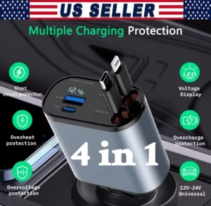 Retractable Car Charger 4in1 Fast Car Phone 16 Charger 120W USB Type C Cable lot - Picture 1 of 17