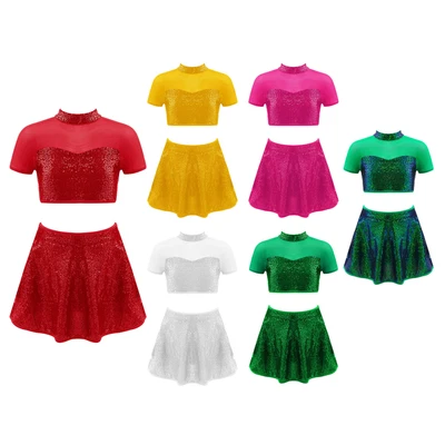 UK Girls Sequins Jazz Disco Dance Outfits Ballet Crop Tops with Skirts Dancewear - Image 1 of 3