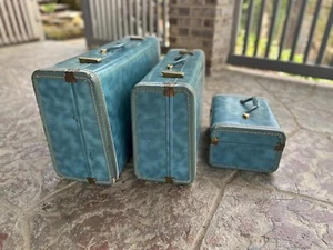 1950s hard shell suitcases in blue marble color three pieces - Picture 1 of 10