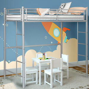 Twin Metal Loft Bed Frame w/ 2 Ladders Full-length Guardrail Space-Saving Silver
