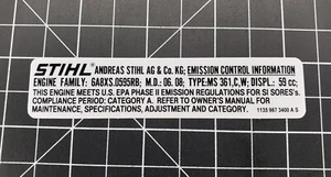 Stihl MS 361 Chainsaw Emissions Label Stihl Label # 1135 967 3400, # 11359673400 - Picture 1 of 1