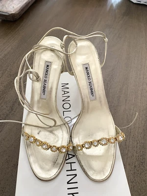 Manolo Blahnik Gold Silver Leather Strappy Sandal Gemstones, Size 37 1/2 - Image 1 of 4