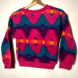 Vintage 1990s Wild Flowers Fleece Sweatshirt Youth 10 Pink Southwest Geometric - Picture 1 of 12