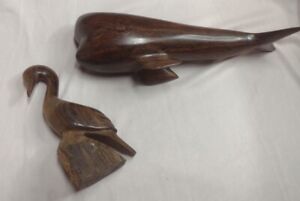 Vintage Ironwood Carved Sperm Whale And Pelican Figurines