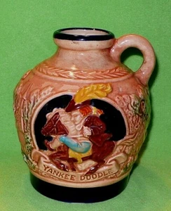 Pottery jug w/ YANKEE DOODLE RIDING HIS PONY Hand-painted Village scenes Vintage - Picture 1 of 9