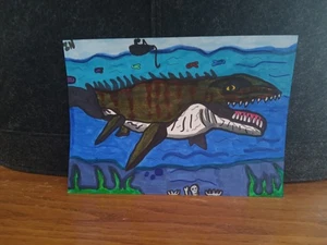 Drawing Mosasaur Jurassic World Rebirth Dinosaur Horror Art Ocean fish Rex 5 X 7 - Picture 1 of 1