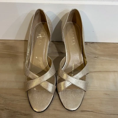 Zapatos de tacón Lauren Ralph Lauren Lizard en relieve talla 7,5 dorado cruzado vacaciones Foto 1 de 4