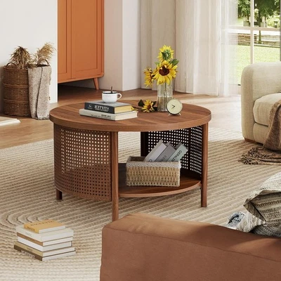 Mid-Century 31.5" Round Coffee Table with Metal Rattan Decor & #R033 - Image 1 of 4