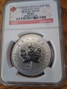2014 $5 CANADA FINE SILVER 1 OZ MAPLE LEAF CHICAGO ANA REVERVE PROOF NGC PF69 - Picture 1 of 2