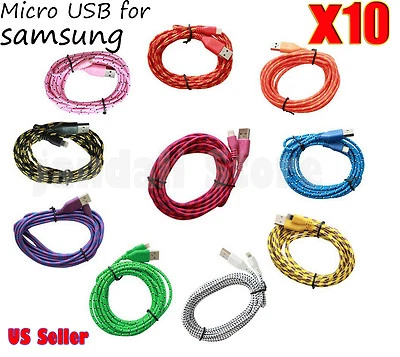 Lote 10x Cable de Carga Cargador Micro USB Trenzado para Samsung Galaxy Android Foto 1 de 2
