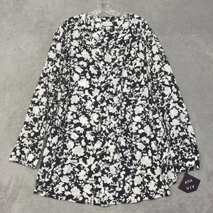 Ava Viv Top Womens 3X Black White Floral Popover V Neck Lightweight Office Shirt - Picture 1 of 8